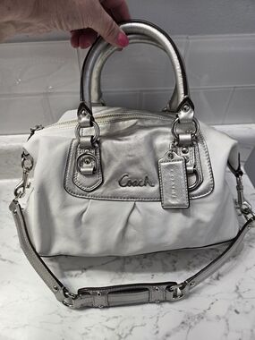 Coach Ashley White and Silver Leather Satchel - Coach Signature Detailing